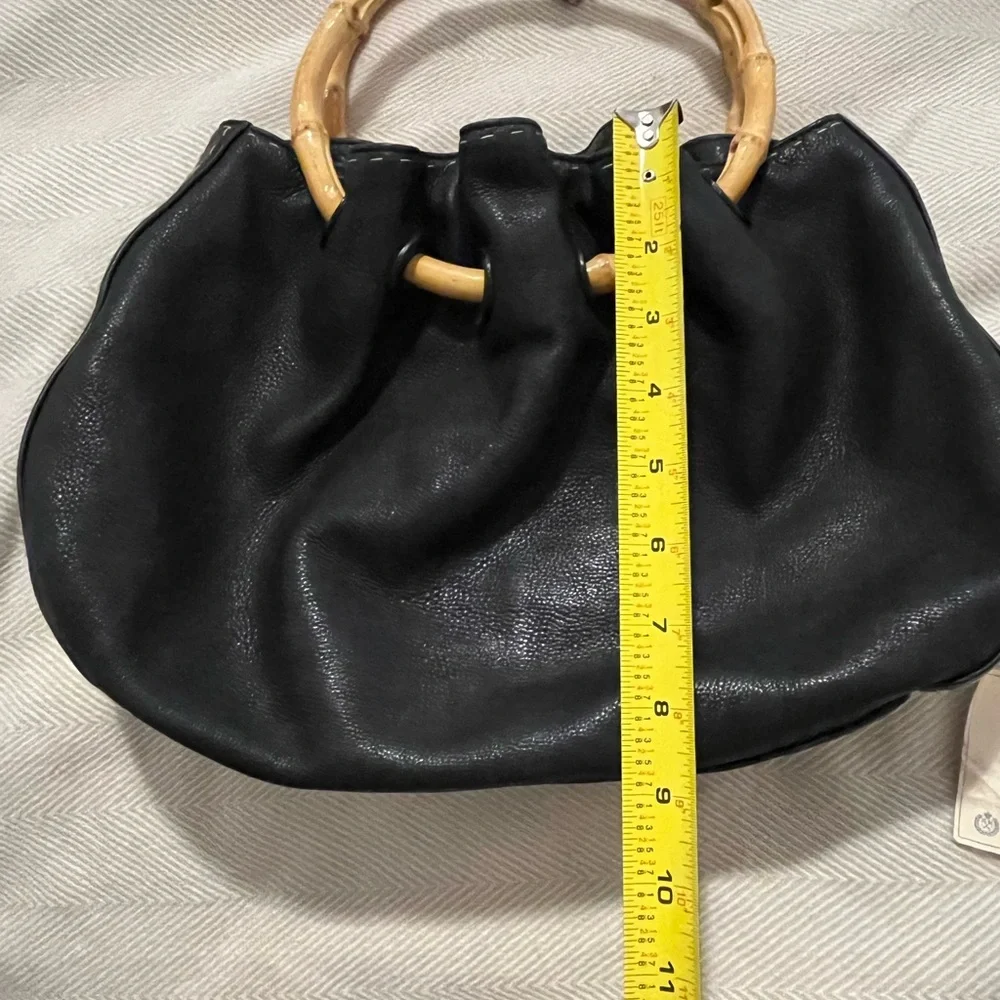 Black Leather Tote with Bamboo Handles - Elegant Women's Bag